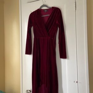Maroon velvet high-low long sleeve holiday dress